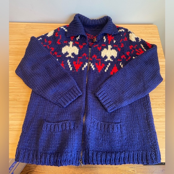 Vintage Wool Handknit Cowichan Sweater - Blue And Red - Picture 1 of 2